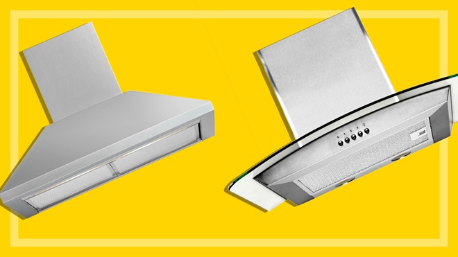 two silver rangehoods on a yellow background